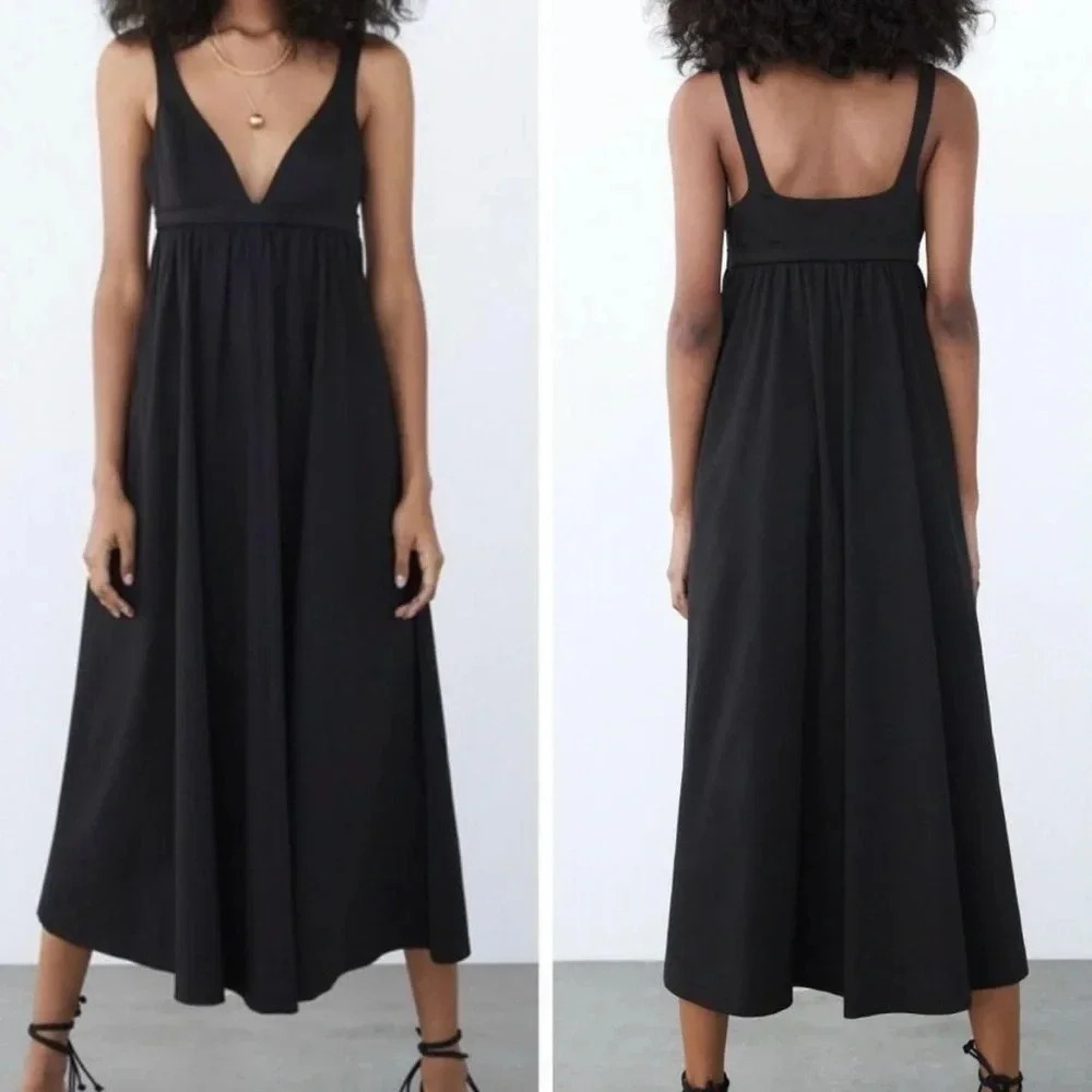 Zara Black Voluminous Poplin Maxi Dress Size S NWT